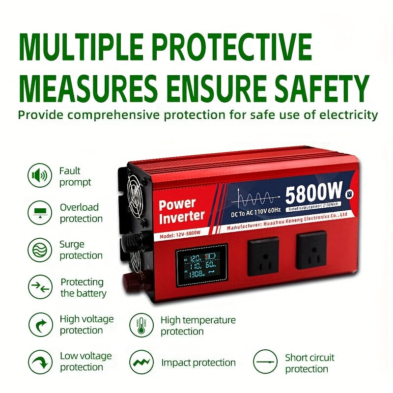 2100W/5800W持续功率汽车电源转换器DC12V转AC110V便携式逆变器，适用于房车、汽车、移动电源，多功能车辆露营设备，露营和旅行的过载保护、旅行电源|便携式逆变器,无电池