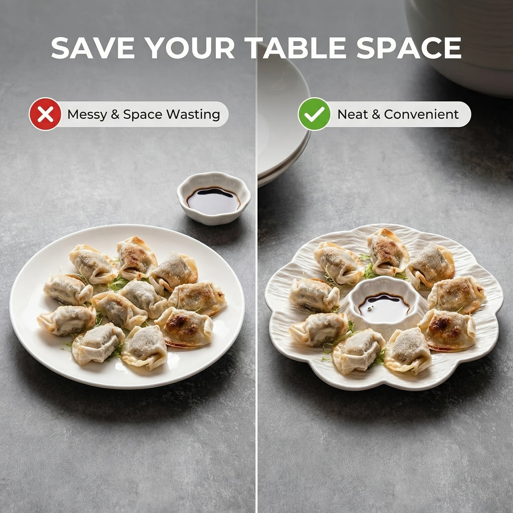 2pcs Novel Multi-Use Plastic PP Dinner Plate with Sauce Dish, Reusable Home Sushi Plate, New Year Dumpling Plate – Perfect for Dumplings, Deviled Eggs, Noodles, Vegetable Platter, Sushi, Tacos, Salsa, Deli, BBQ Breakfast Dips