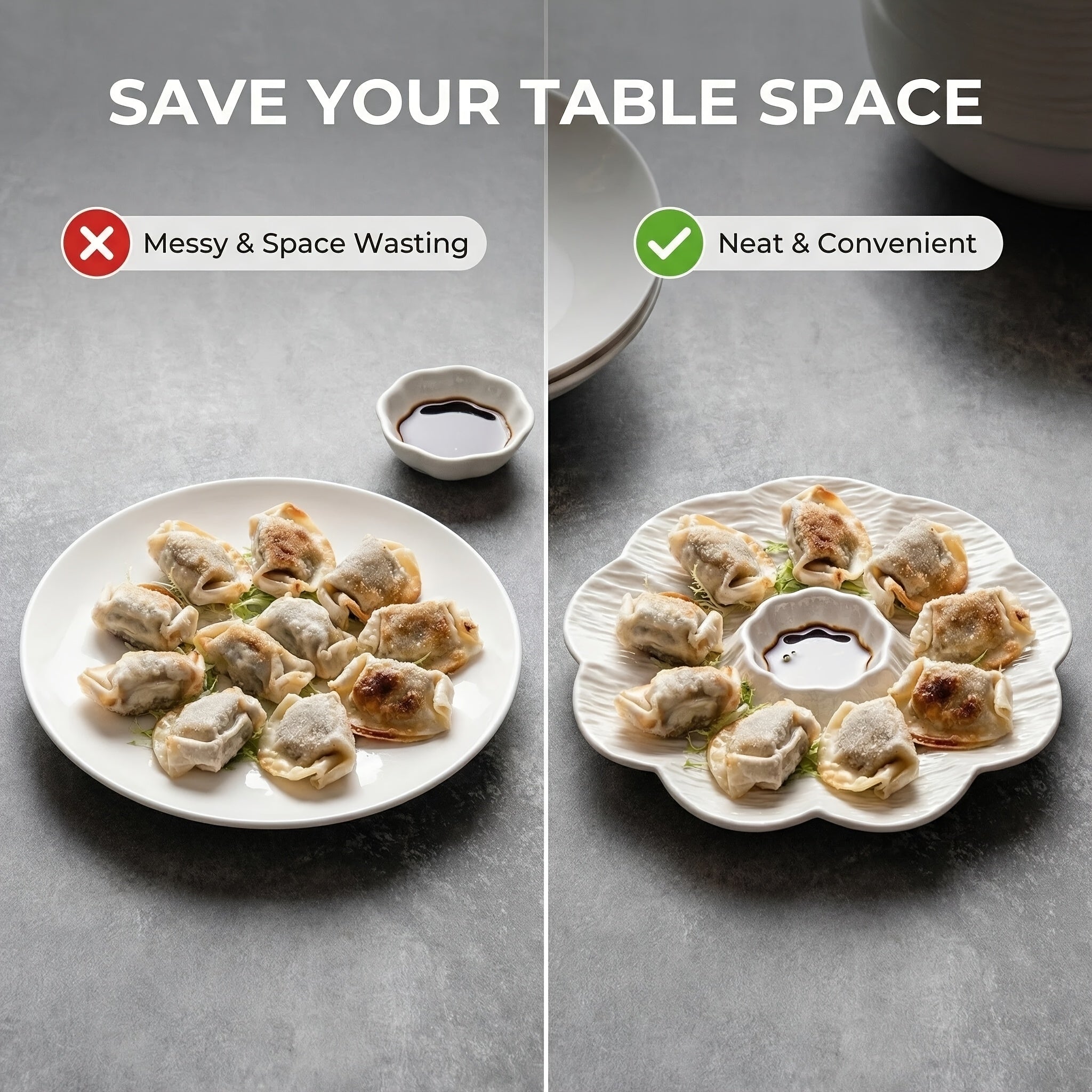 2pcs Novel Multi-Use Plastic PP Dinner Plate with Sauce Dish, Reusable Home Sushi Plate, New Year Dumpling Plate – Perfect for Dumplings, Deviled Eggs, Noodles, Vegetable Platter, Sushi, Tacos, Salsa, Deli, BBQ Breakfast Dips