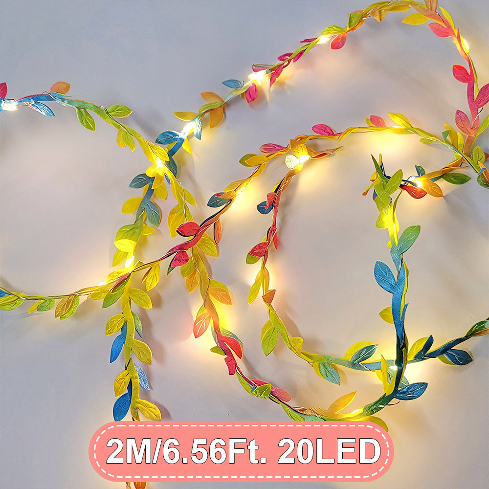 1入 2M/6.56Ft 多彩人造葉子 仙女燈串，20 LED 彩色藤蔓花環，電池供電（不含電池），適用於臥室、牆面裝飾、桌面裝飾、派個、婚禮、感恩節、聖誕節裝飾，非常適合秋季主題裝飾