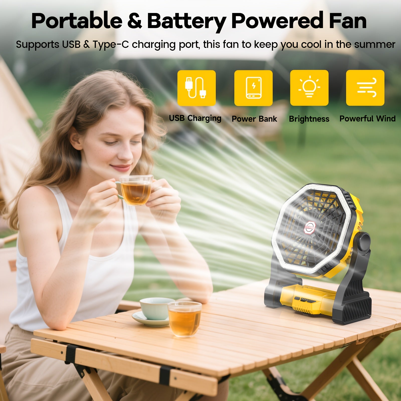 Portable Camping Fan with LED Light, USB Rechargeable, 4 Speed Adjustable, with Hook, for Picnic, BBQ, Fishing, Travel, Home, Tent