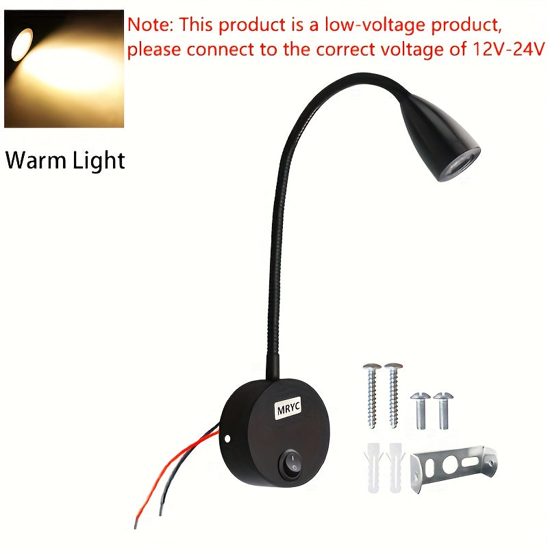 MRYC 3W Flexible Gooseneck LED RV Reading Light, Heavy-Duty Adjustable Spotlight, Hardwired DC12-24V, Button Switch, Suitable for Camper Trailer Interior Ceiling Wall Mount Lighting