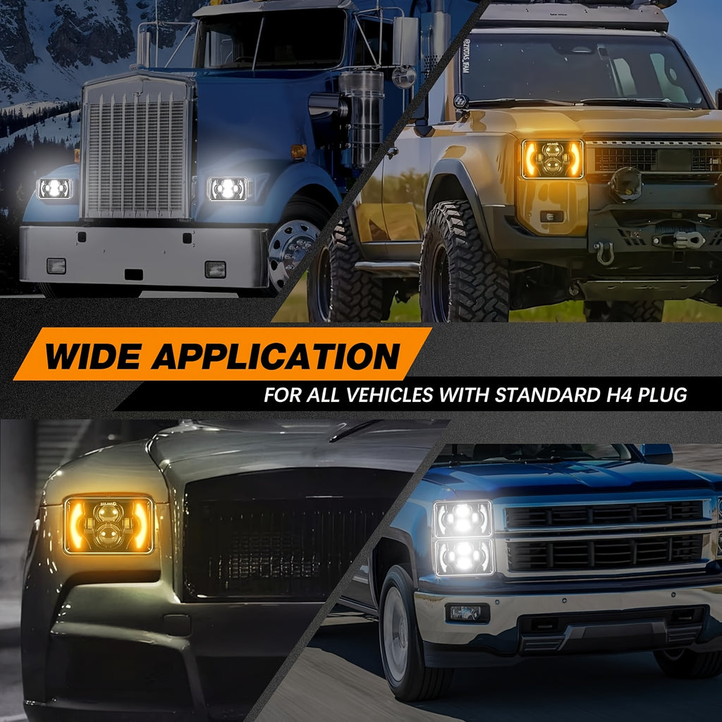 2-Pack 4X6 LED Headlight Set with High/Low Beam, Designed for Cars, with Daytime Running Light and Turn Signal, Suitable for 12V and 24V Trucks, No Battery Included
