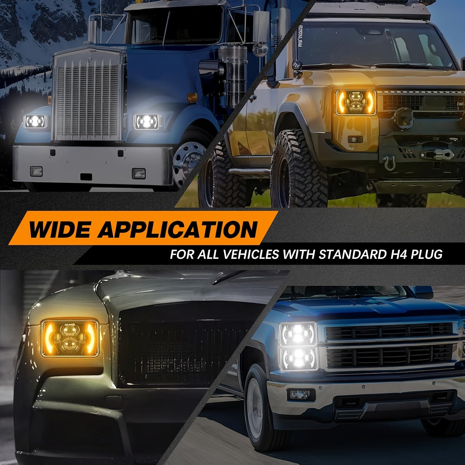 2-Pack 4X6 LED Headlight Set with High/Low Beam, Designed for Cars, with Daytime Running Light and Turn Signal, Suitable for 12V and 24V Trucks, No Battery Included