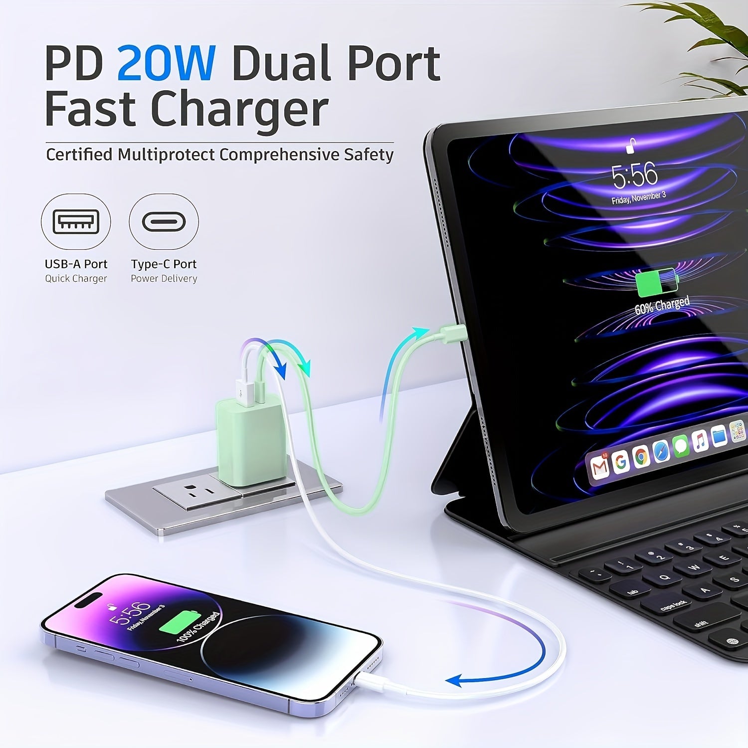 for iPhone 14 13 Foldable Dual Port Fast Charger, 2pcs 20W Charger Block with 4pcs 6ft Lightning Cable for iPhone 14 13 12 11 Pro Max/iPad/EarPodsf