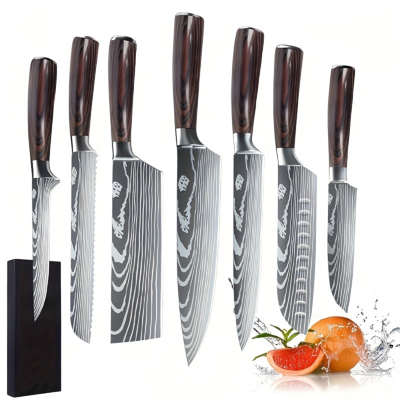 6/7Pcs Damascus Pattern Kitchen Knife Set, High Hardness Ultra Sharp Stainless Steel Knives with Non-Slip Handle, Suitable for Home Kitchen Outdoor Camping, Perfect Holiday Gift