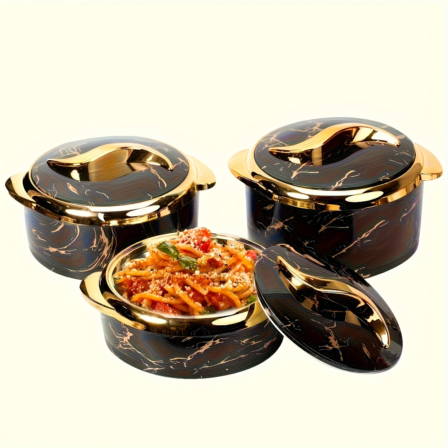 3-Piece Gold Touch Insulated Dinnerware Set – Stainless Steel Hot & Cold Food Bowl with Lids, Portable Thermos (Home Use), Office Lunch Container, Hot Pot Tableware