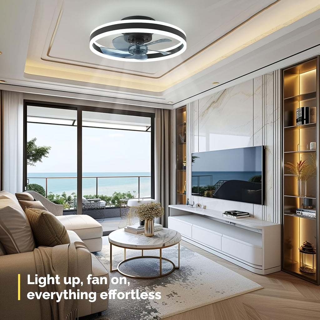 Modern Indoor Remote Control Flush Mount Ceiling Fan, Embedded Design, 19.7 Inch Dimmable LED Light, Low Profile Smart Color Changing, 3 Lighting Modes & 6 Speed Settings