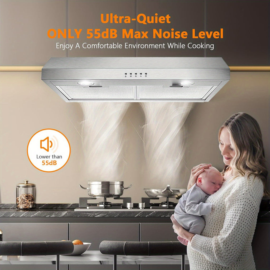 30-Inch Under-Cabinet Range Hood, Silver Stainless Steel Kitchen Vent Hood, 600CFM Stove Exhaust Fan, 3-Speed Fan, 2 Bright LED Lights