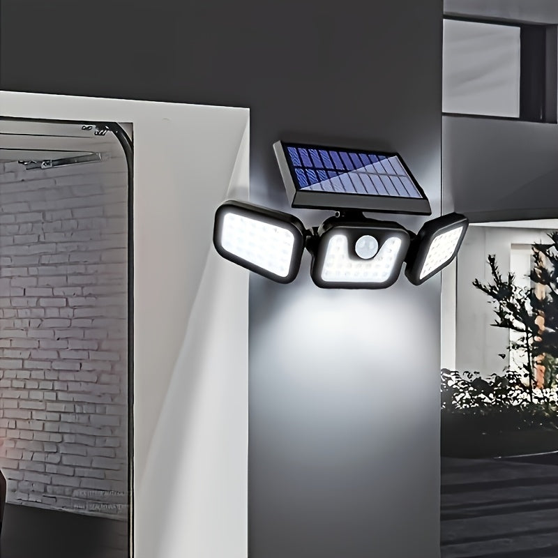 3-Head Solar Powered Triple Head Independent Wall Light - Outdoor Sensor! Yard Lighting. 3 Adjustable LED Heads Motion Activated, Dusk to Dawn Automatic ON/OFF. Emergency Lighting Mode, Energy Saving, Easy Installation