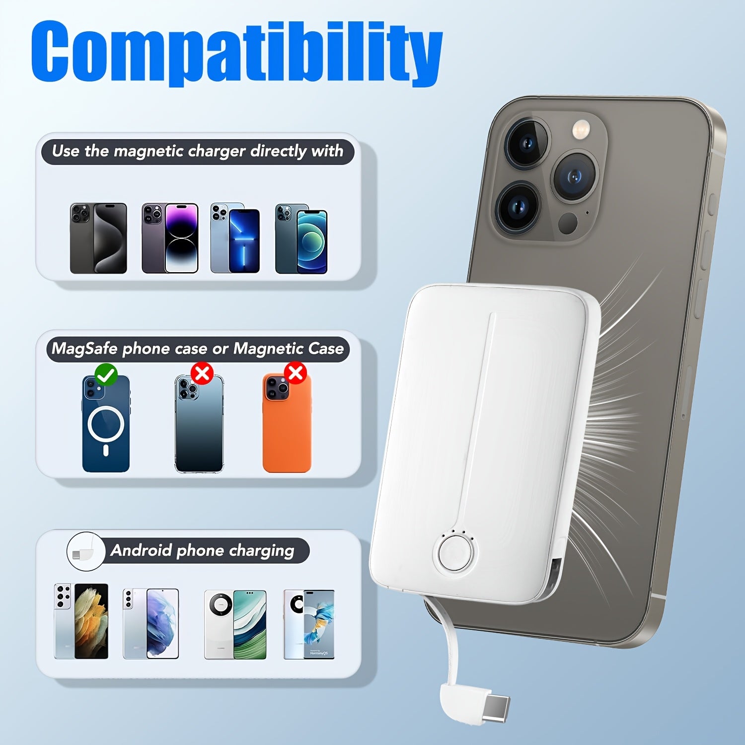 5000mAh Slim -Compatible Portable Charger - Wireless Power Bank with 15W PD USB-C, Compact Design for iPhone 16/15/14/13/12 Series & More, Rechargeable Lithium Polymer Battery, Sleek White Finish, iPhone Battery Case | Modern Accessory | Highquality Conne