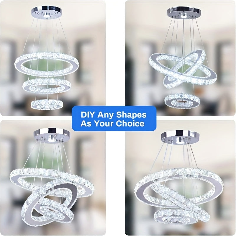 Modern LED Chandelier Crystal Pendant Light 3-Ring Round Pendant Light Adjustable Stainless Steel Ceiling Fixture, Suitable for Living Room, Dining Room, Bedroom