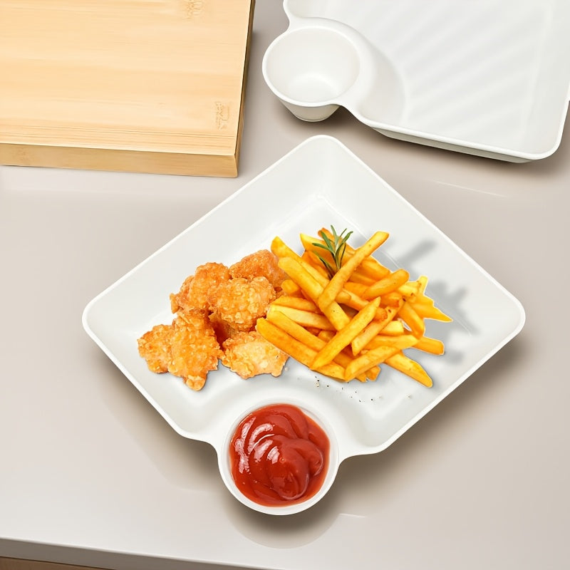 7.3x6.6 Compartment Snack Plate Set, Plastic Divided Dumpling Plate / Sushi Plate / Fry Dipping Plate with Sauce Area, Unbreakable, Microwave & Dishwasher Safe