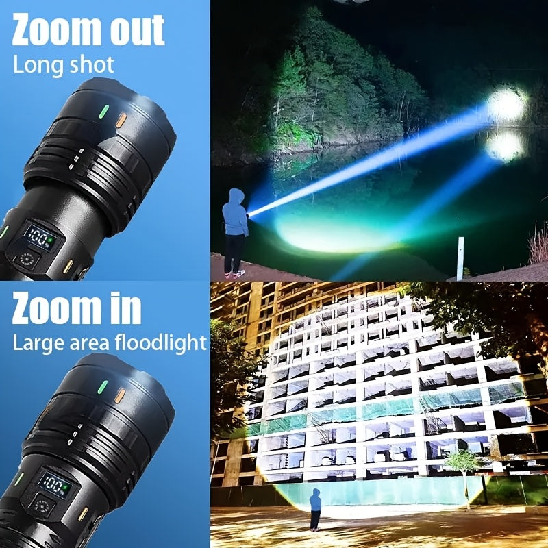 High Power LED Flashlight, Super Bright Adjustable Beam, Built-In High Capacity Lithium Battery, Durable ABS Material, IP44 Waterproof, Ideal for Camping Travel Patrol, Perfect Christmas Gift