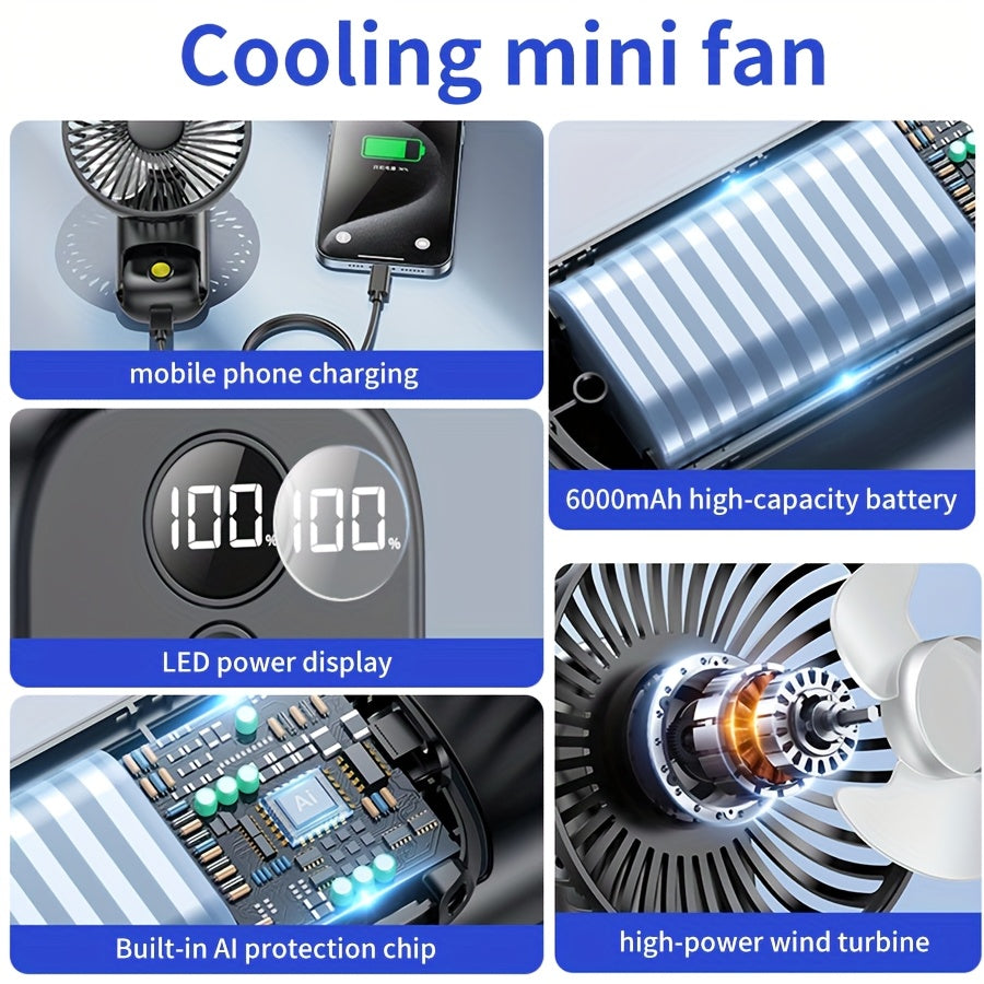 6000mAh Portable Handheld Fan, 180° Foldable 5 Speed Adjustable, 6-22H Working Time, USB Rechargeable Mini Desktop Fan, Foldable Personal Cooling Fan for Travel Summer Outdoor Home Office