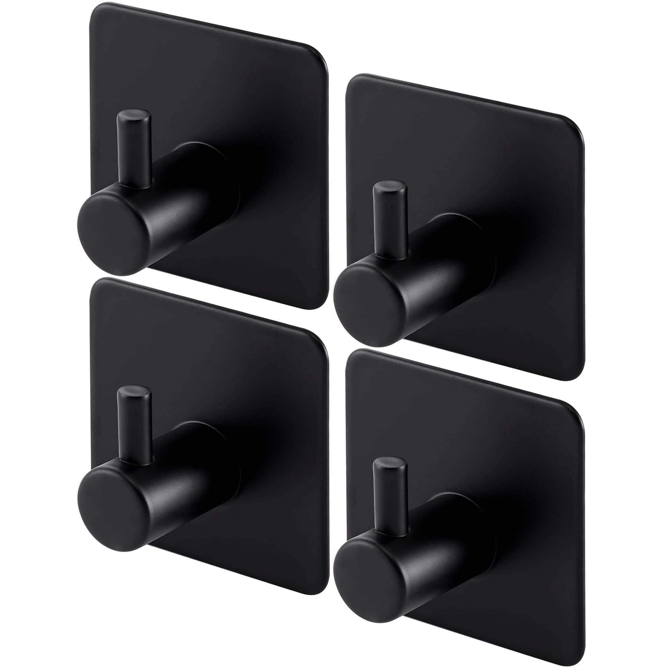 4 Pack Heavy Duty Adhesive Hooks - Towel Hooks, Stick-on Wall Hooks, Waterproof Stainless Steel for Bathroom, Kitchen & Home - Black & Silver