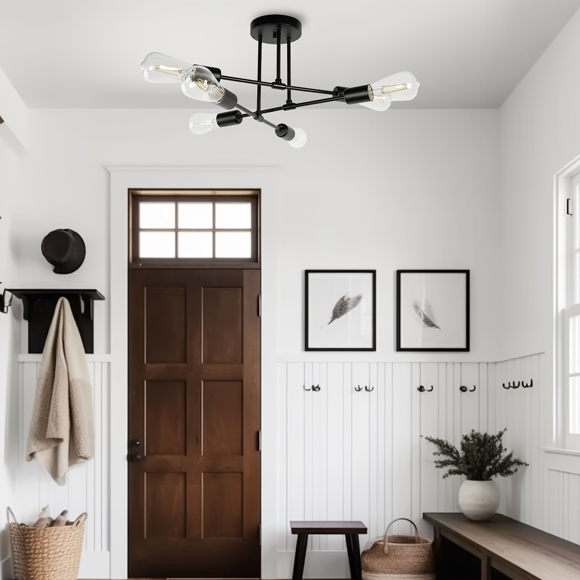 Modern 6-light semi-flush mount pendant light, black metal frame, elegant chandelier for living room, dining room, bedroom, E26 bulb socket, bulb not included