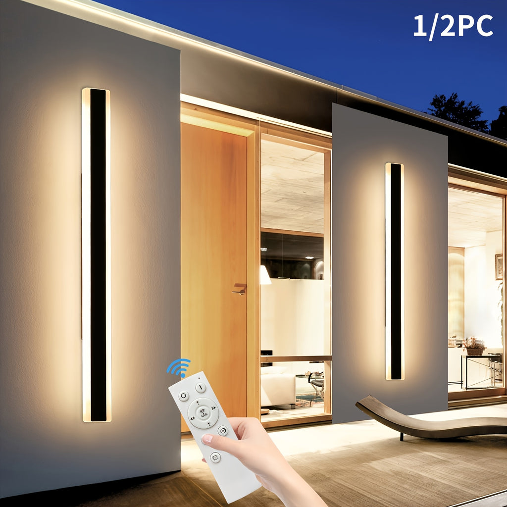 1/2-Piece Modern Outdoor Wall Light, 10%-100% Dimmable Linear Exterior Wall Light, IP65 Waterproof 3000K/4500K/6000K Long LED Wall Light with Remote Control Dimming, Heavy-Duty Hardwired Installation, Suitable for Porch, Garage