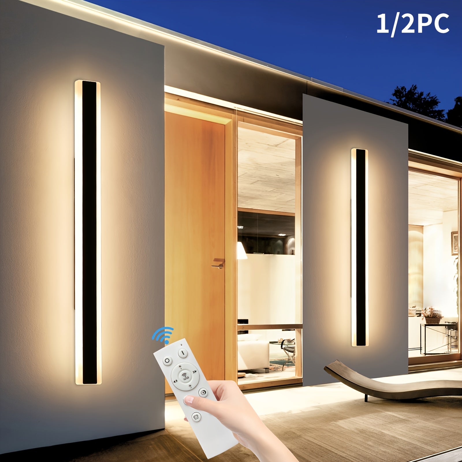 1/2-Piece Modern Outdoor Wall Light, 10%-100% Dimmable Linear Exterior Wall Light, IP65 Waterproof 3000K/4500K/6000K Long LED Wall Light with Remote Control Dimming, Heavy-Duty Hardwired Installation, Suitable for Porch, Garage