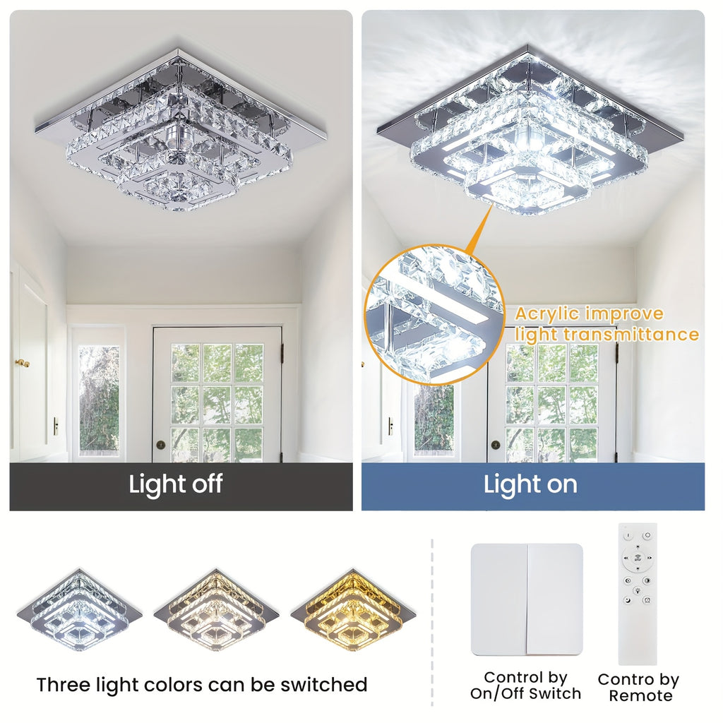 Modern Luxury Crystal Chandelier - 12-Inch Recessed Ceiling Light with Remote Control - LED Pendant Light Suitable for Bedroom, Living Room, Closet, Hallway, Bathroom (Dimmable)