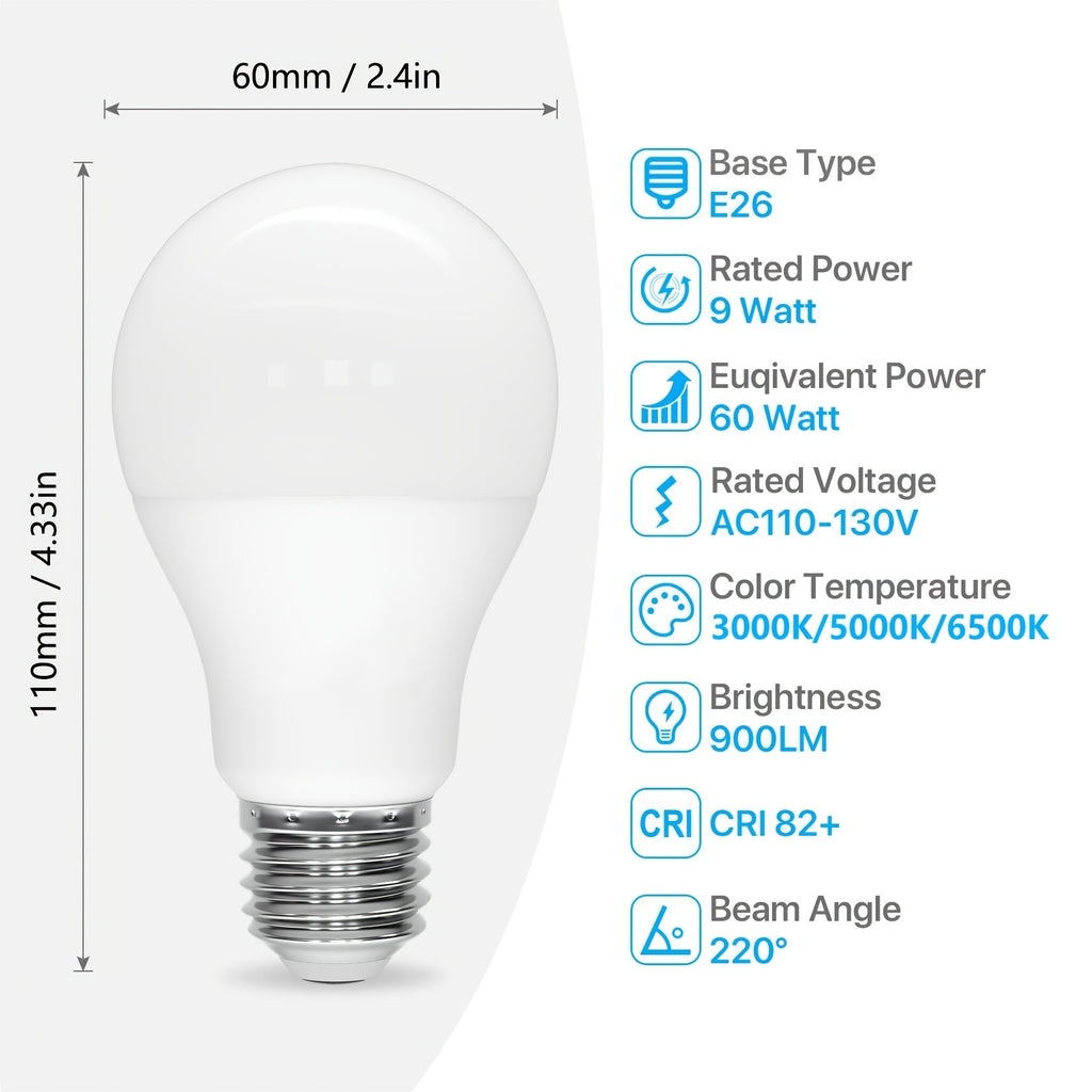 6-pack E26 LED bulb 9W 900 lumens A19 LED bulb 3000K warm white 5000K daylight white 6500K cool white suitable for bedroom living room lighting fixtures non-dimmable
