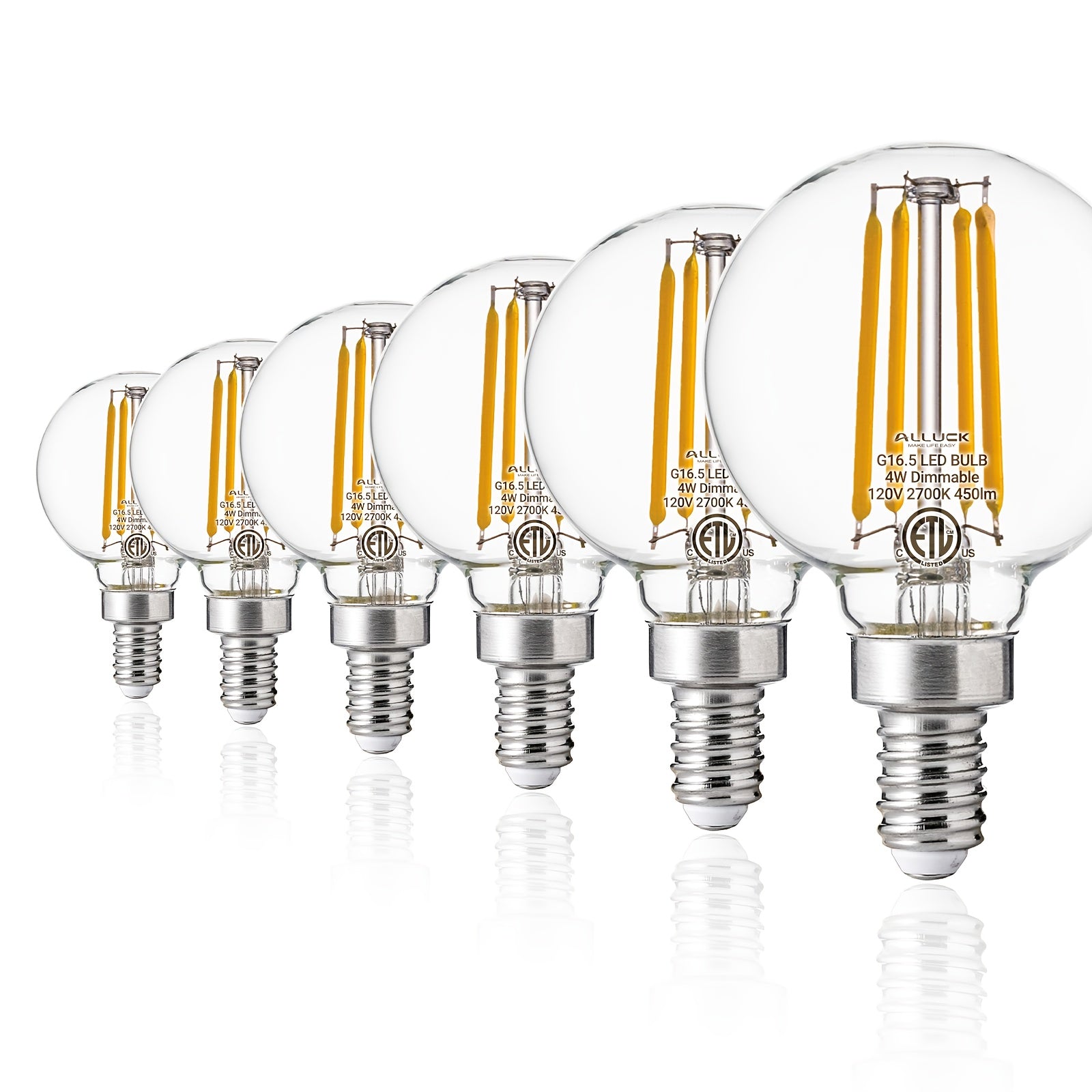 6-pack, G16.5 candelabra globe bulb, 4 watt 120V LED bulb, 450 lumens, 2700K warm white, 5000K cool white, E12 base Edison G50 LED bulb, G50 globe bulb suitable for chandeliers, vanity lights and pendant lights