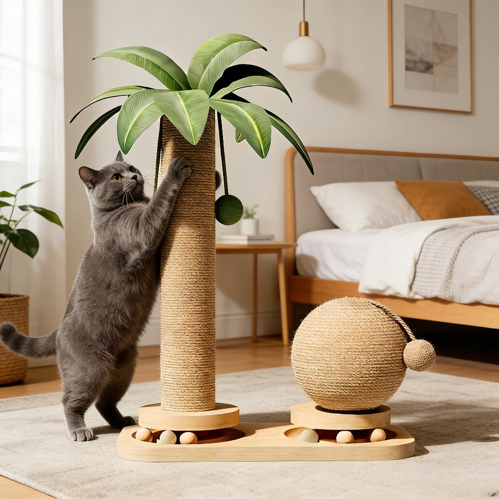 椰子树实木猫咪旋转抓挠柱，带猫咪诱导棒，耐用猫抓板和剑麻猫爬架