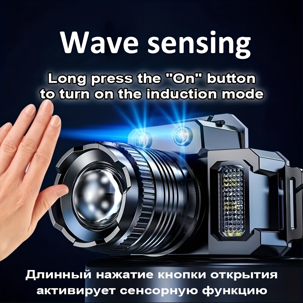 Portable Lightweight Multifunctional LED Headlamp with Motion Sensor, Rechargeable Rotatable Head, 5 Lighting Modes, Ideal for Outdoor Fishing, Adventure, Emergency and Camping