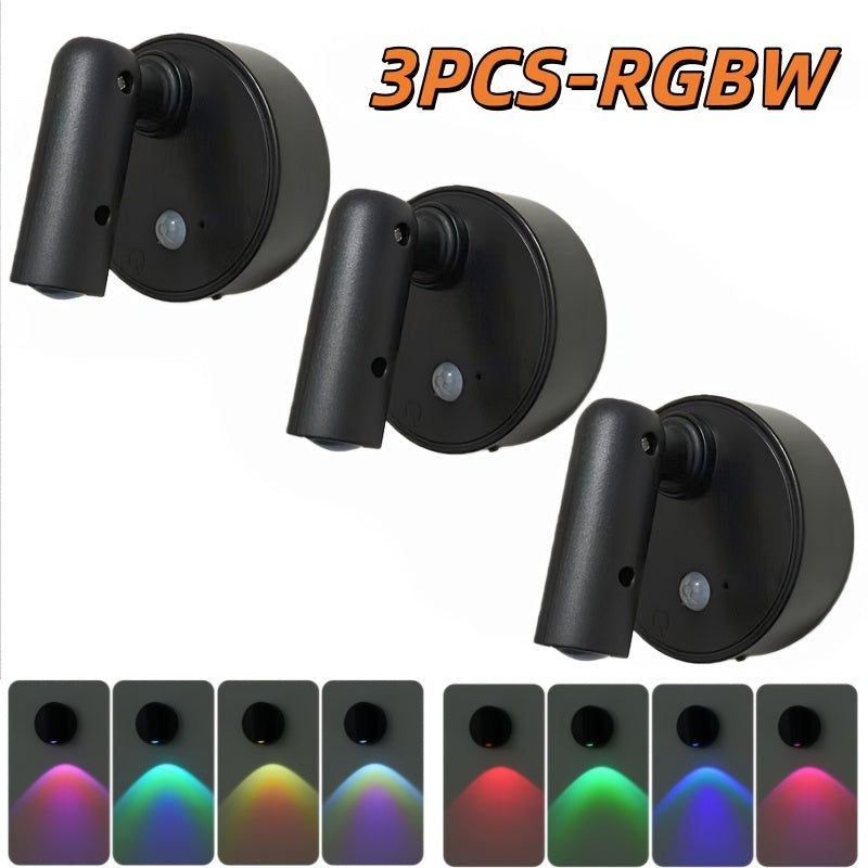 Modern style round sensor wall light, ambiance spotlight, LED wall light set (3-pack) - 350-degree rotatable indoor lighting lamp, three-color dimmable + RGBW multiple colors, Type-C charging + large capacity battery
