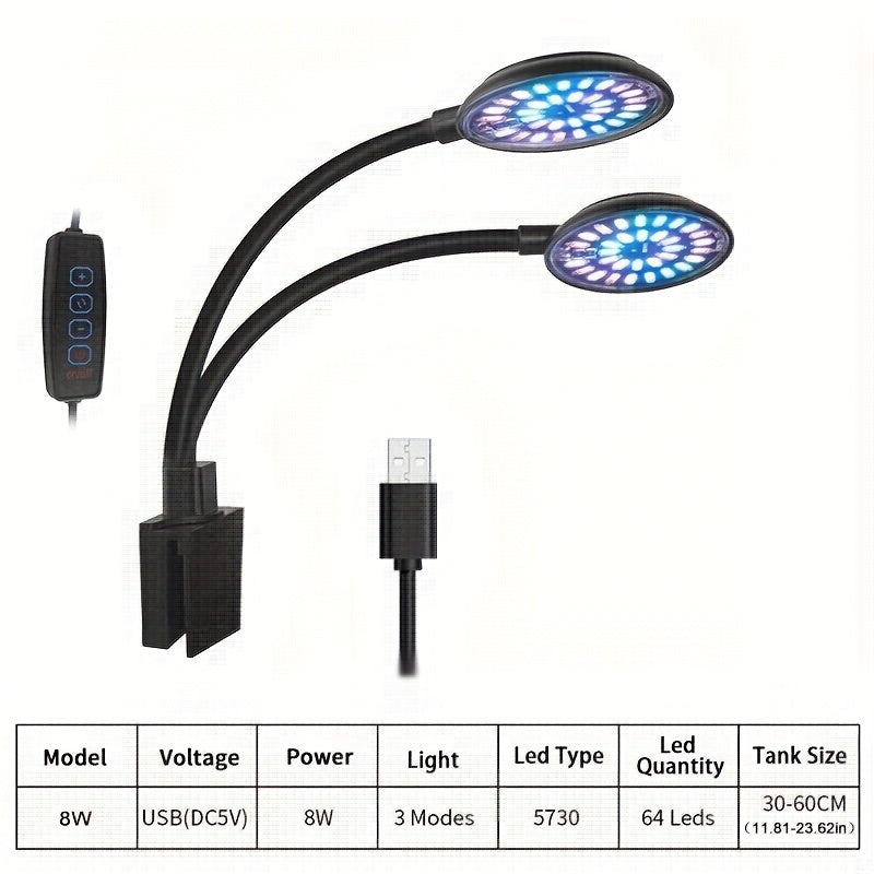 USB Aquarium LED Light, Clip-On Fish Tank Lamp, Full Spectrum Dimmable Plant Grow Light, 360° Rotatable Decorative Lamp