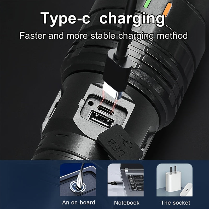 High Power LED Flashlight, Super Bright Adjustable Beam, Built-In High Capacity Lithium Battery, Durable ABS Material, IP44 Waterproof, Ideal for Camping Travel Patrol, Perfect Christmas Gift