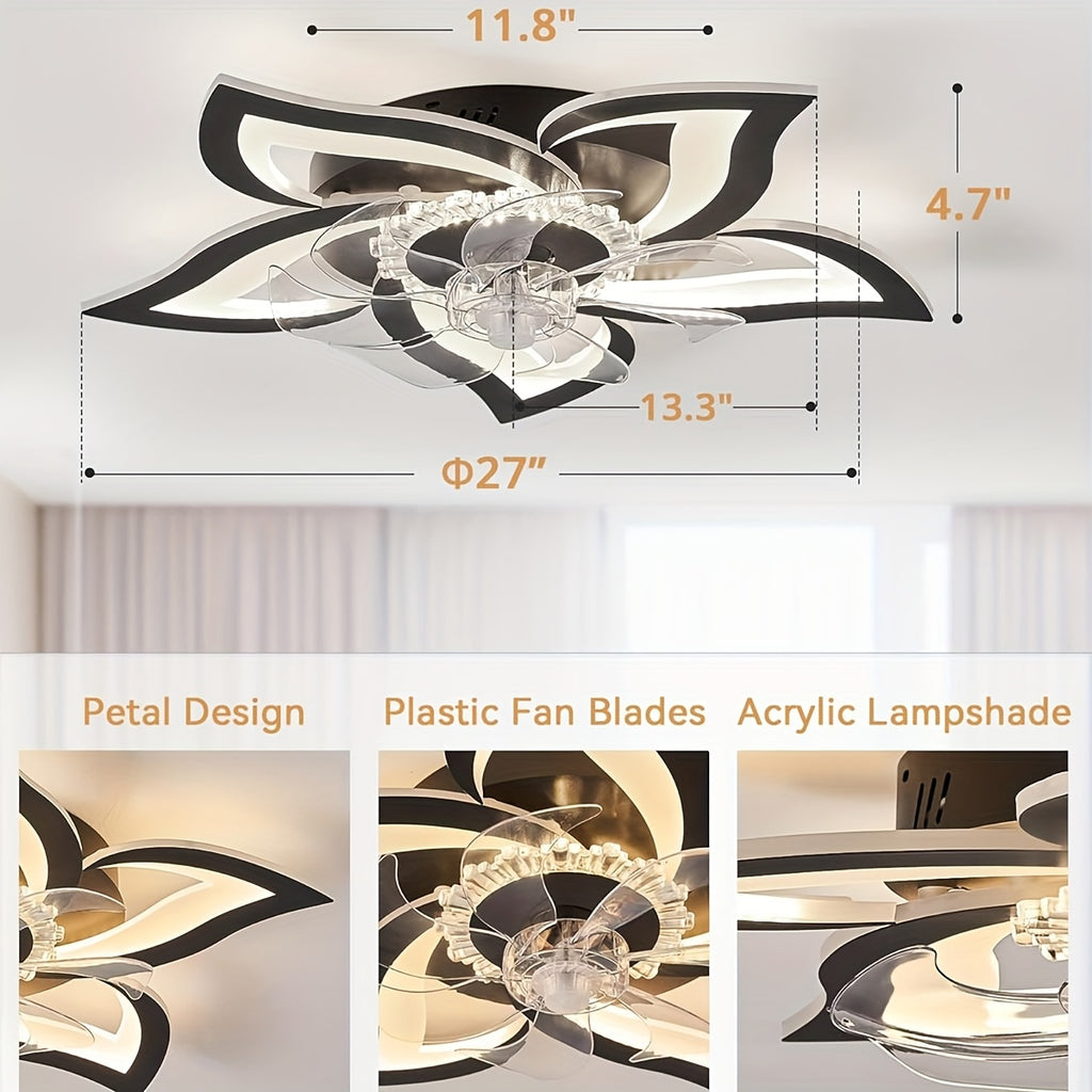 Ceiling Fan Light with Remote Control, 6-Speed 3-Color Dimmable, Black Low Profile Flush Mount Ceiling Fan, Perfect for Kitchen Bedroom Living Room