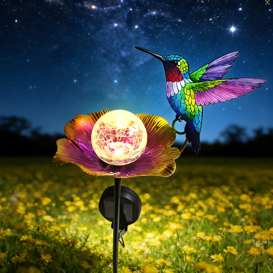 Hummingbird Glass Globe Flower Solar Outdoor Light, Beautiful Hummingbird Decorative Light, Fun Hummingbird Flower Glass Globe Light