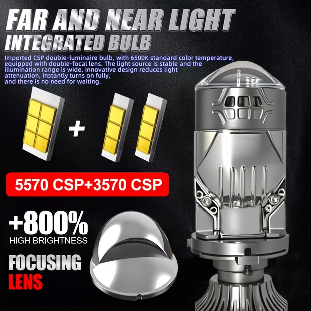 Two Pieces H4 LED Projector Headlight Lenses, 59600 Lumens, 800% Brighter, with Dual Lenses and Canbus Compatible, Automotive Lighting, Integrated All-in-One Bulb, Advanced Lighting Technology, No Battery Needed, 12 Volt