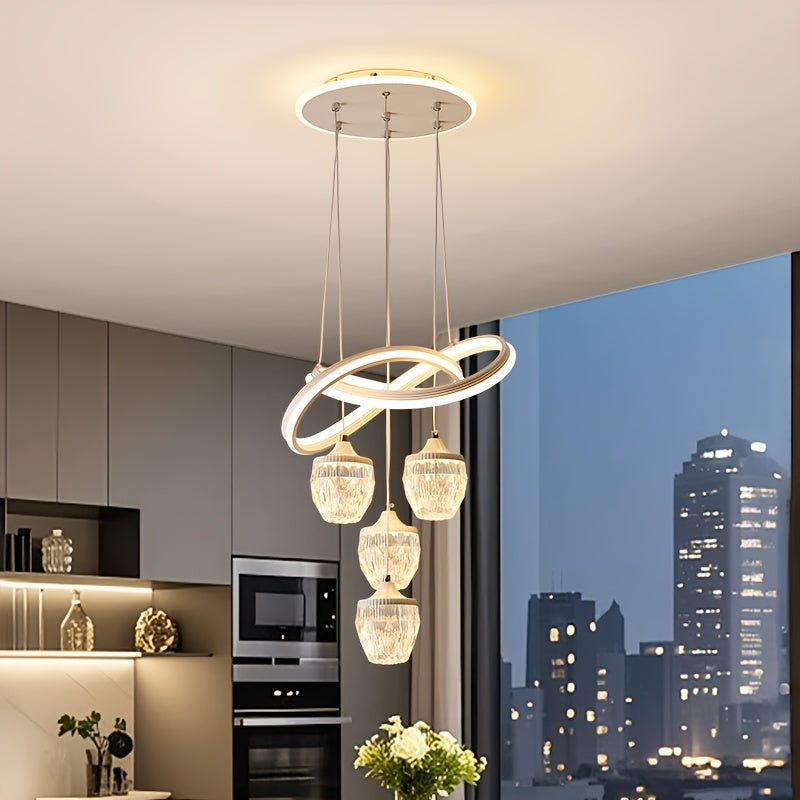 LED indoor pendant light 4 pineapple-shaped balls 3-color temperature adjustable color temperature lighting fixture, suitable for kitchen, dining room