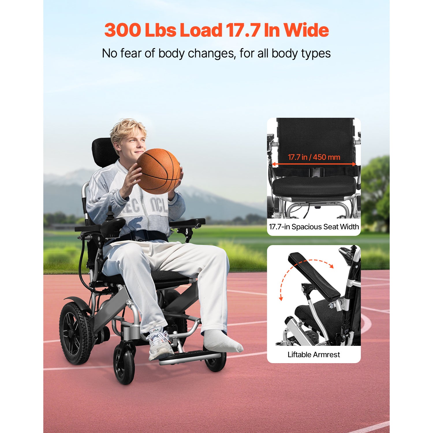 VEVOR 电动轮椅 300磅承重 17.5/20英寸可调节靠背 可折叠 13英里