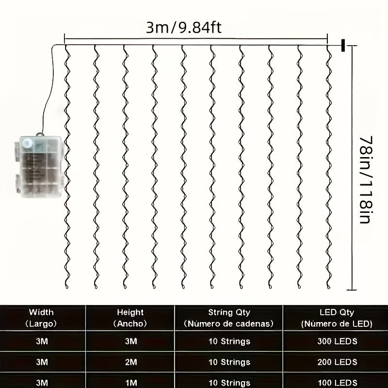 带8种模式的电池盒，圣诞仙女星星灯条，118.11英寸宽，300个闪烁窗帘灯，具有8种不同模式