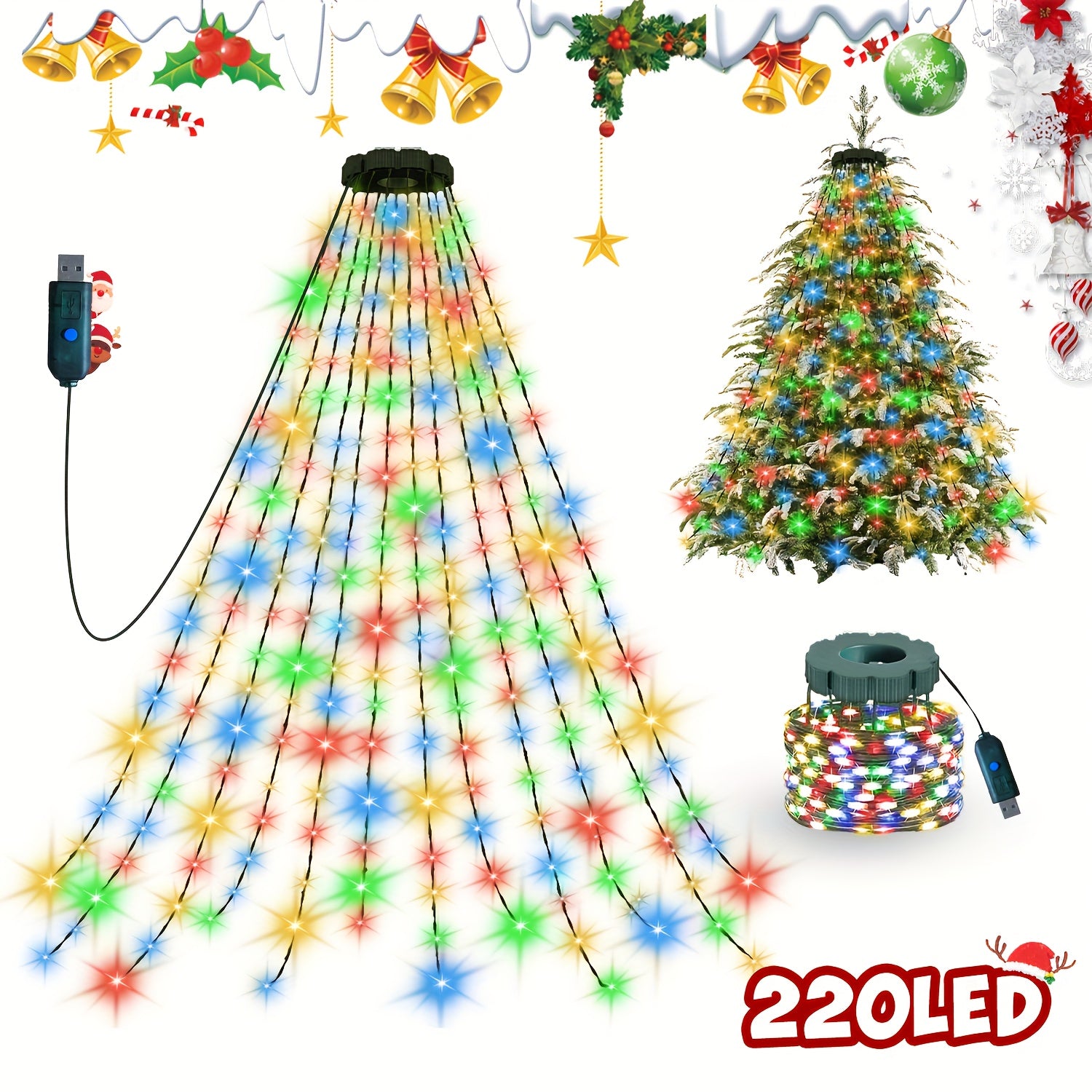 400/220 LED 圣诞室内灯串 | 20/11 码 78.74 英寸瀑布树灯，USB 插电，高亮度珠子灯，8 种模式，适用于花园、露台、家庭、圣诞树装饰、节日装饰、活动策划