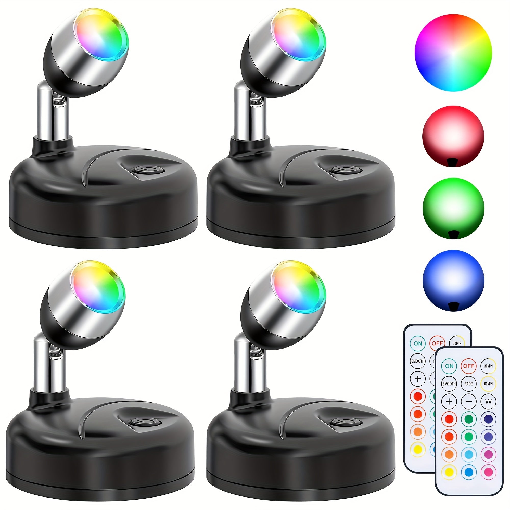A set of 4 wireless RGBW indoor decorative spotlights, uplighting, 13-color changing tree lights, photo lighting with remote control and timer, illumination for plants and holiday celebrations