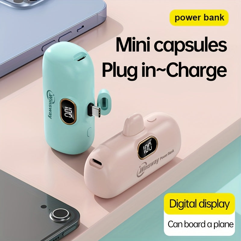 Winsway 5000mAh Super Mini Type-C Power Bank, Digital Display Of Power Value, Lipstick Size, Easy to Carry, Metal Interface Extended to Prevent Shaking And Disconnection, for Phone 16/16 Plus/15 Pro/15 Pro Max/Pad Pro/Android Mobile Phones