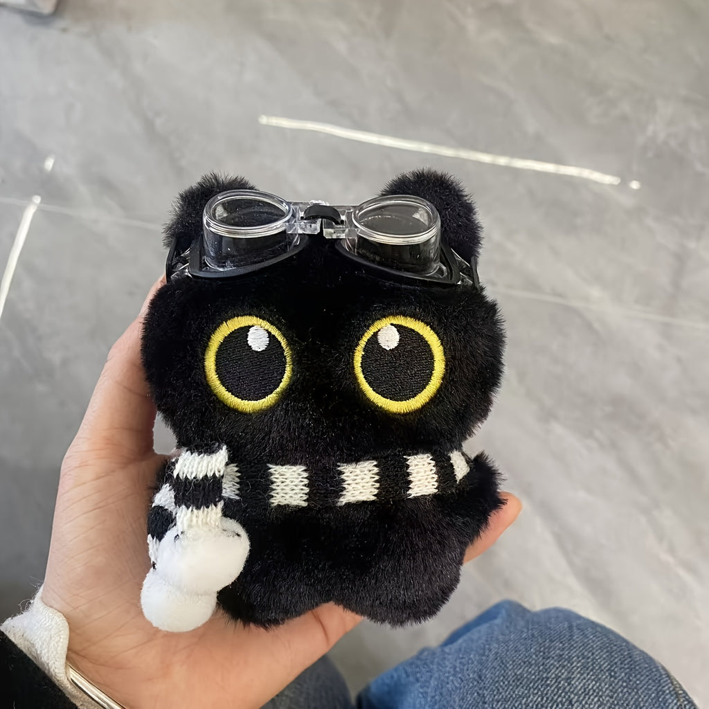 4件套黑猫宠物毛绒玩具（挂绳+围巾+泳镜），柔软的聚酯纤维填充玩具，任意搭配供宠物玩耍，适合所有犬种