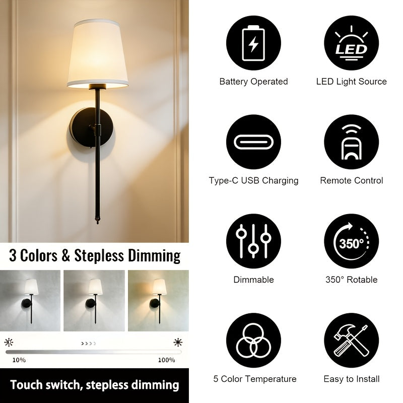 Battery Operated Wall Light, Black Rechargeable Wall Light with Dimmable Removable Bulb and Remote Control, Wireless Wall Light Suitable for Bedroom, Living Room, Hallway Home Decor, Suitable for Bedroom, Living Room, Home