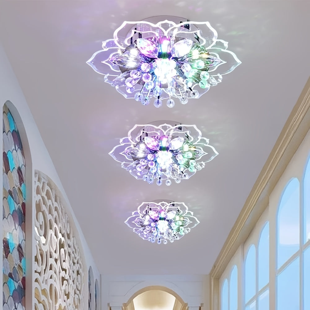 Crystal Glass Ceiling Light Flower-Shaped Colorful Mini Ceiling Light, Adjustable Light Color, Semi-Flush Mount Hardwired, Suitable for Hotel, Living Room, Hallway, Corridor, with LED Light Source