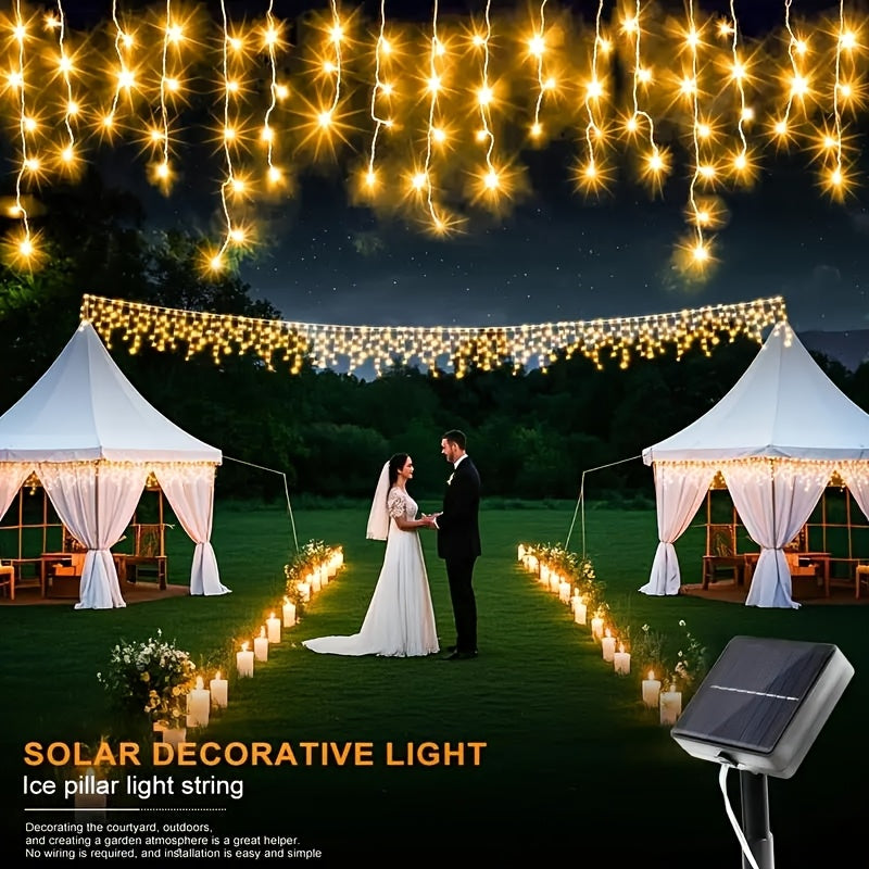 1个太阳能LED冰凌灯串，216.14英寸96LED/354.72英寸162LED灯，8种照明模式，非常适合花园、屋檐、露台、餐厅、房车、帐篷、派个、婚礼、圣诞节、万圣节、新年和户外装饰