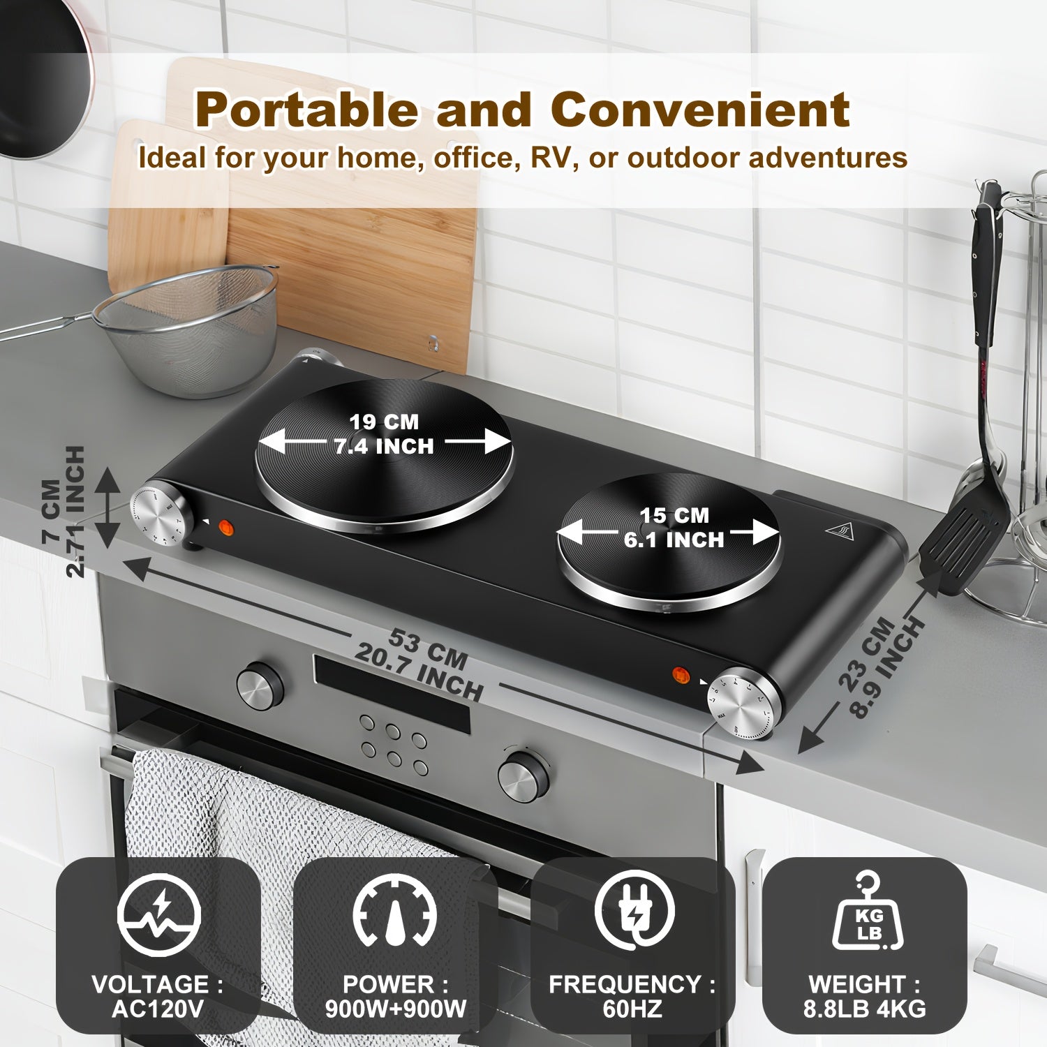 CUSIMAX Electric Hot Plate, Portable Double Burner Electric Stove, 1800W Cast Iron Double Cooktop, Compatible with All Types of Cookware, Stainless Steel