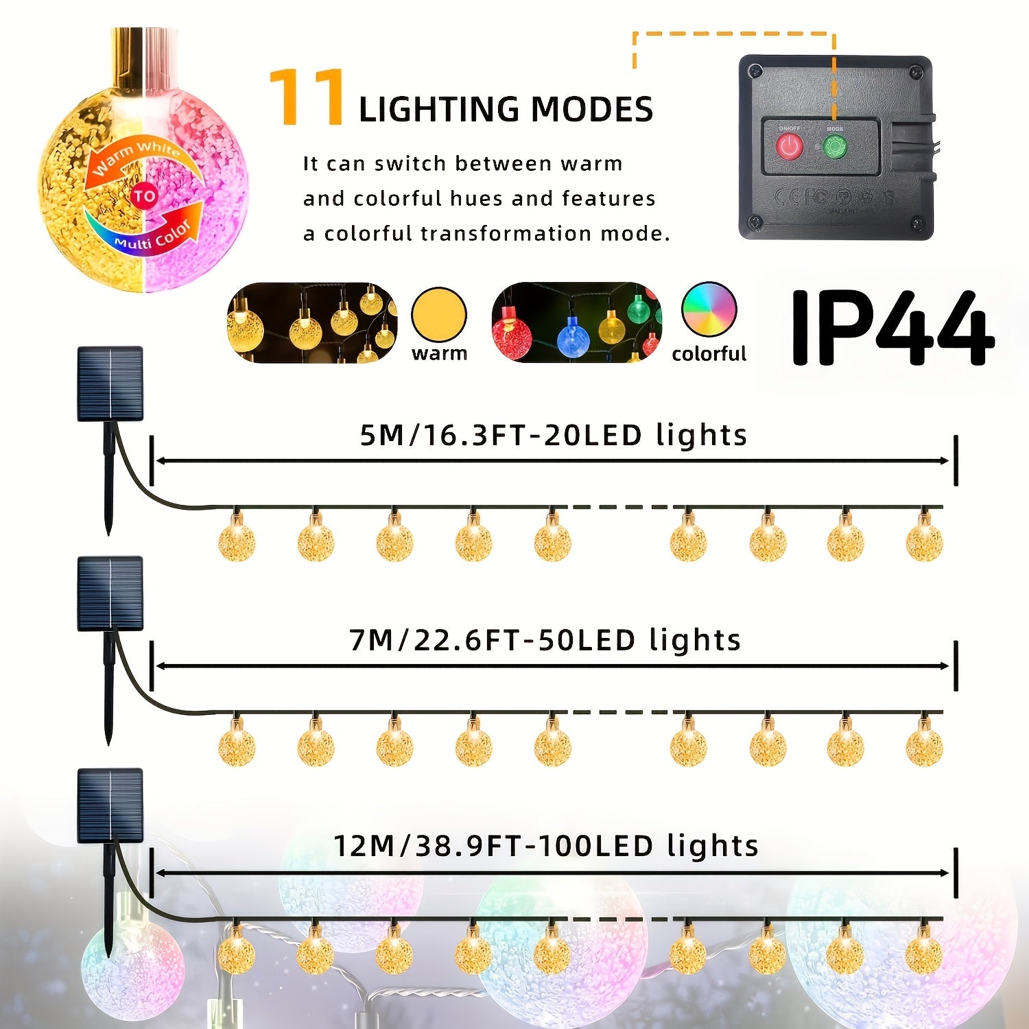 RGB LED灯带，太阳能水晶仙女灯，100/50/20颗LED灯珠，11种灯光模式，夜晚自动亮起，白天自动关闭，适用于庭院、花园、婚礼、露台、圣诞节、派对等场景