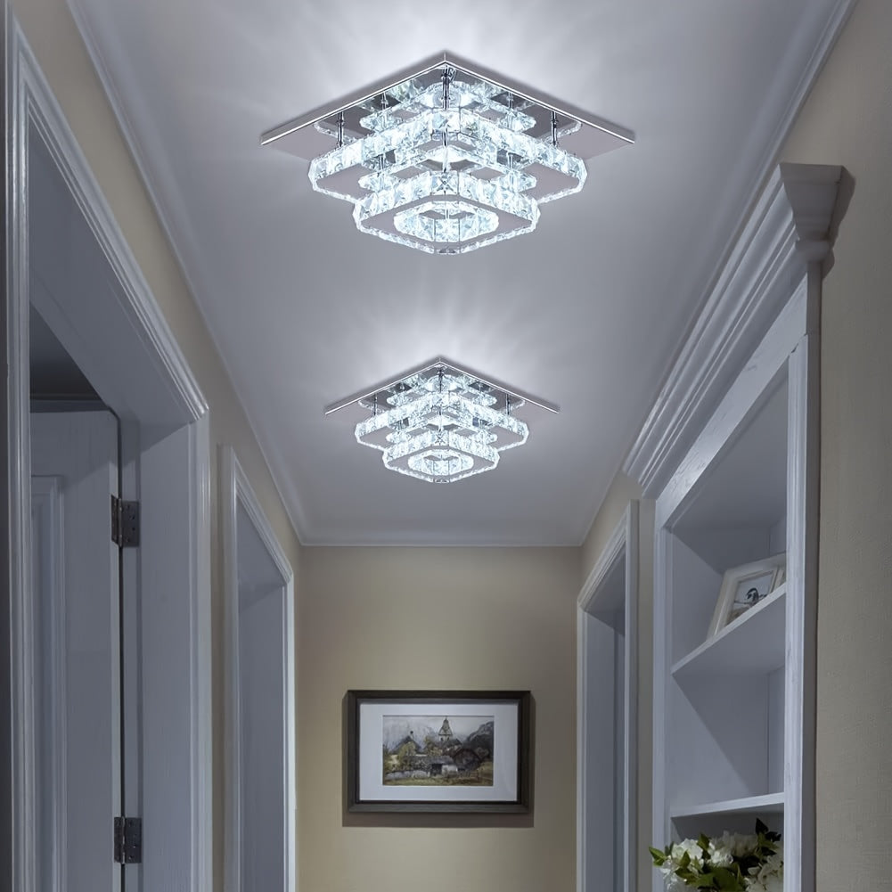 Crystal ceiling light square chandelier modern LED recessed two-layer ceiling light lighting fixture suitable for dining room living room bedroom kitchen hallway hall (cool white light)