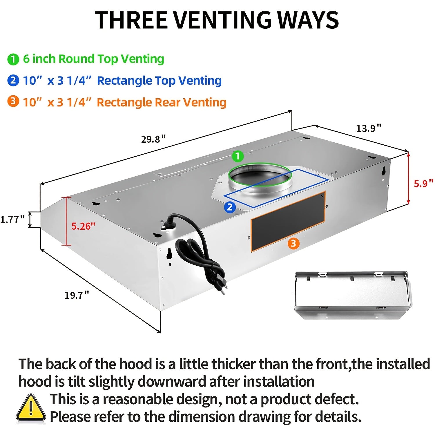 30-Inch Under-Cabinet Chimney, 3 Ventilation Modes, Stainless Steel Chimney, Under-Cabinet Chimney 3-Speed Fan, Kitchen Ventilation Chimney 30-Inch, Baffle Filter, LED Light