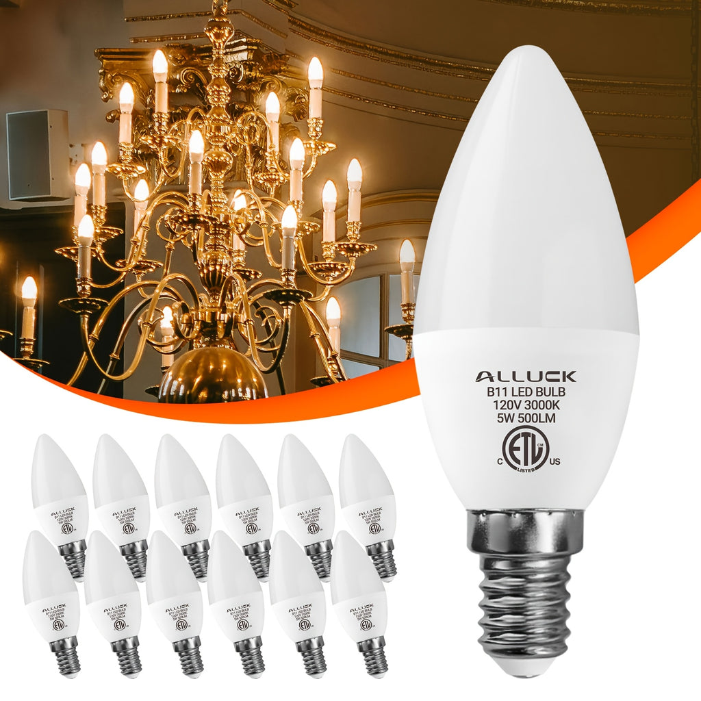 ALLU, 12-pack, B11/C37 LED candelabra bulb 5W 500 lumens (50W equivalent), E12 base, CRI 85+, 3000K/5000K/6500K color temperature, AC110-130V non-dimmable, suitable for home, bar, restaurant and hotel decoration