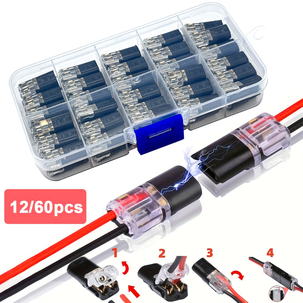 12pcs/60pcs Dual Wire Insertion Connector, 2-Pin 2-Port, PVC Insulation, Copper Contact Material, Quick Connect Terminal, No-Charge Power Mode, with Locking Clip, for LED Wire Connection in Cars and Home Use